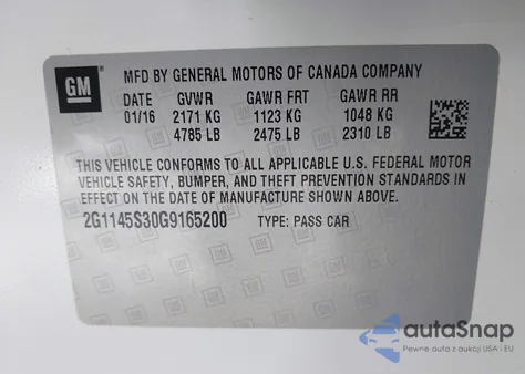 2016 Chevrolet Impala 2Lz from USA, damaged, VIN 2G1145S30G9165200